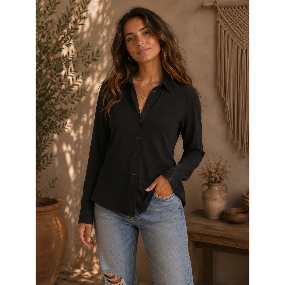MNG Shirt Womens Medium Black Button Down Goth Grunge Minimalist Dark Academia